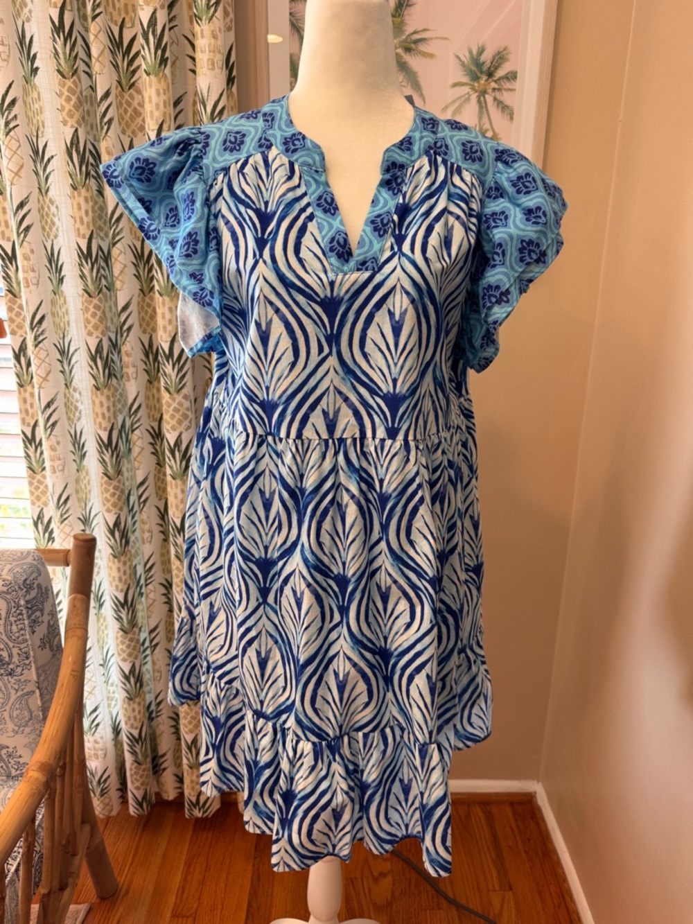 UMGEE Blue Leaf Print Dress Linen Short Sleeves Flutter Ruffle Tiered Swing NWT